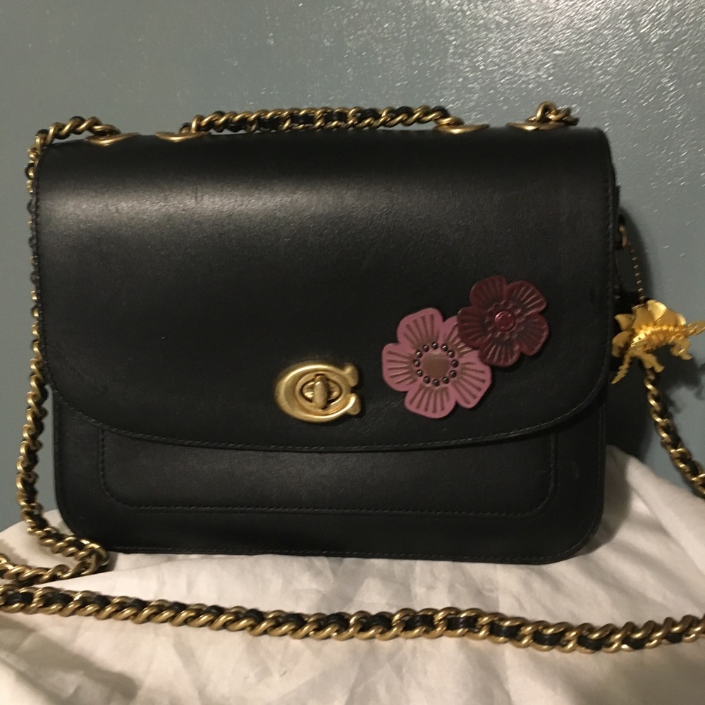 Coach Madison Tea Rose Shoulder Bag Black Leather